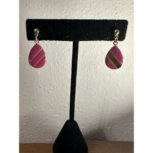 Vintage Hot Pink Enamel & Gold Tone 1" Oval Pierced Earrings